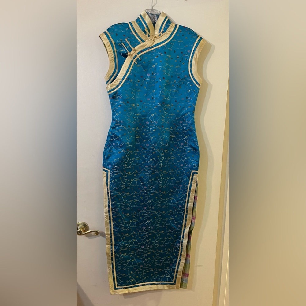 Vintage Turquoise Floral Chinese Cheongsam Dress Sz 38